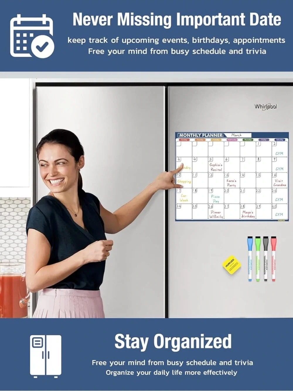 Magnetic Monthly fridge Planner with Multicolor dry erase Markers